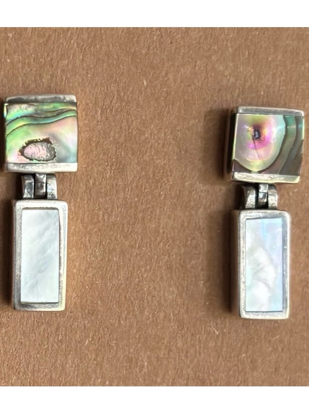 Vintage Mother of Pearl & Abalone Drop Earrings Sterling Silver Thailand